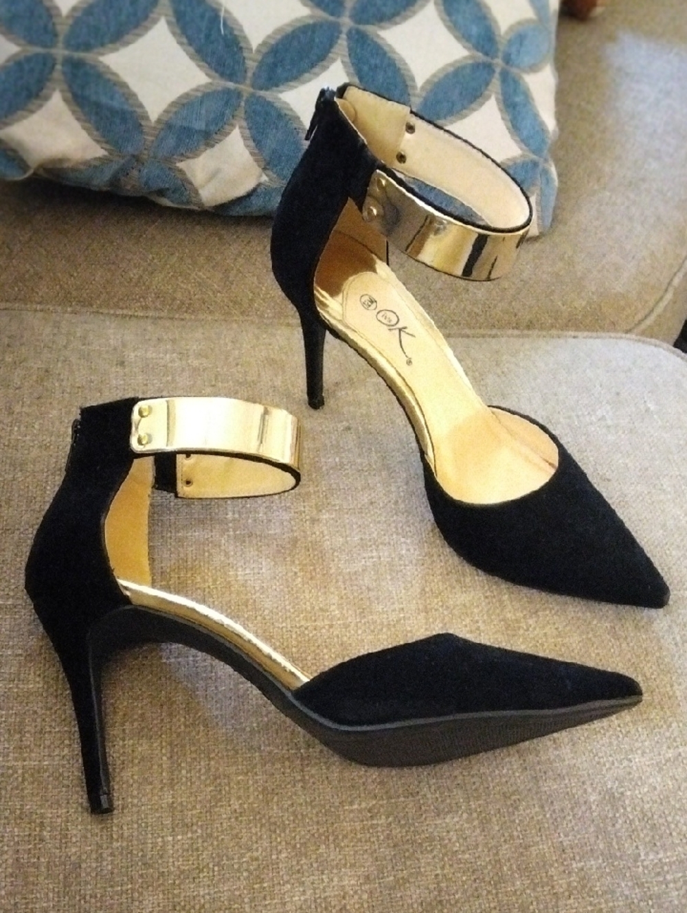 Black Pointed-Toe Ankle Strap Heels with Metallic Gold Cuff